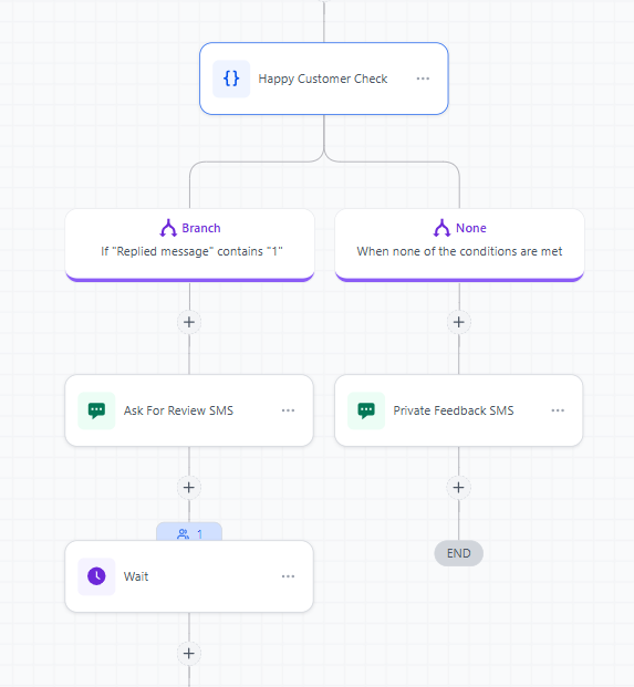Automation branching: Happy Customer Check routing to public review or private feedback
