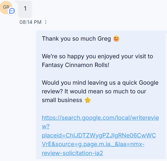 Personalized SMS asking the guest to leave a Google review