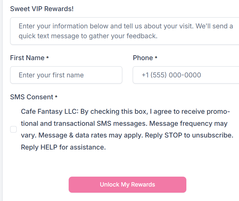 Sweet VIP Rewards signup form with First Name, Phone, and SMS Consent